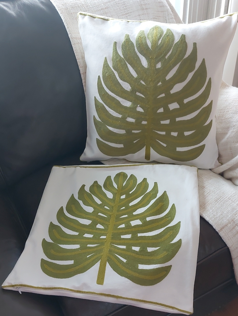 Green Monstera Leaf Throw Pillow Covers - Set of 2